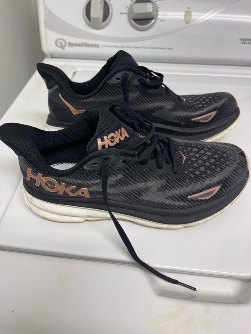 Hoka One One Black and Rose Gold Running Sneakers